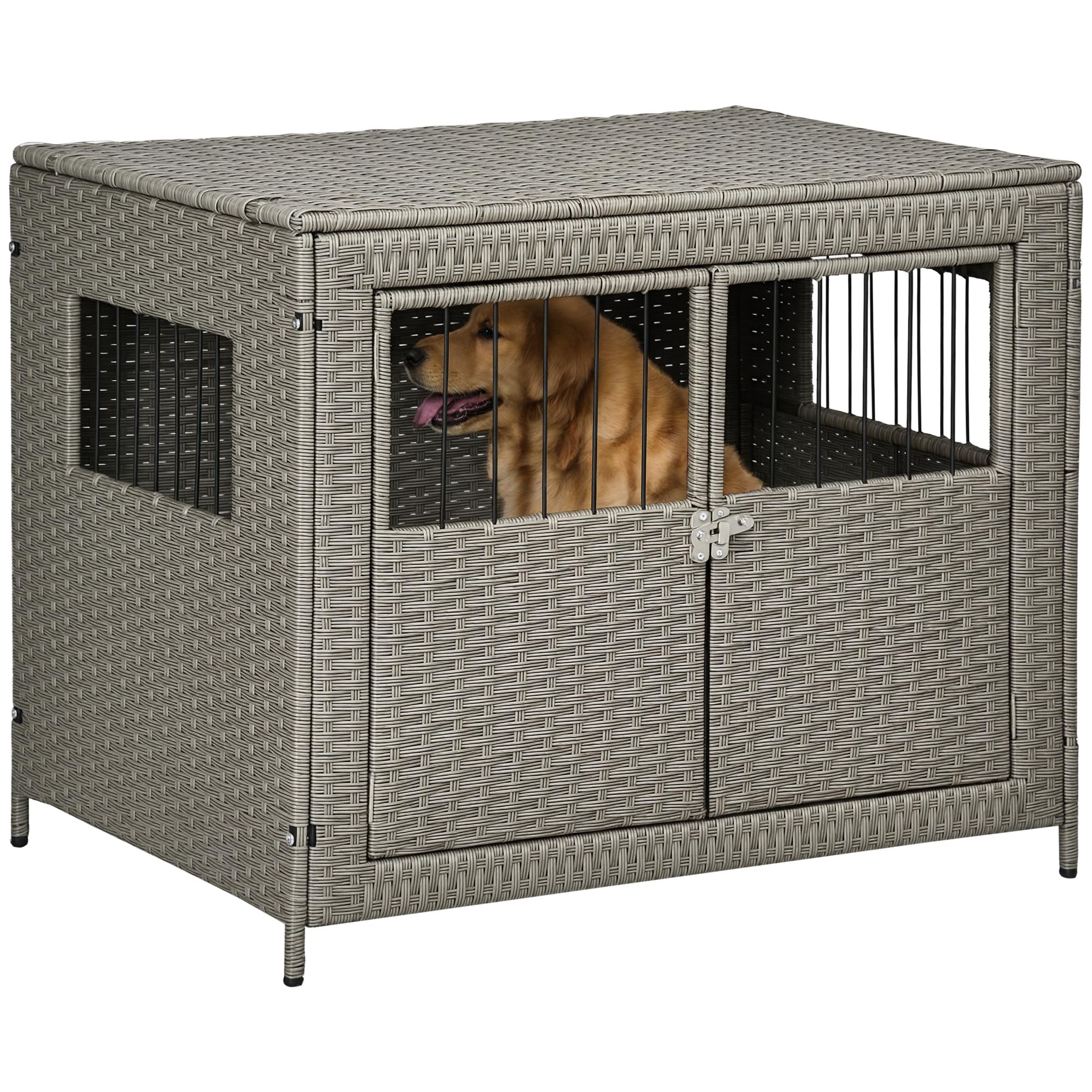 アメリカ購入 PawHut 屋根付き 犬小屋 グレー 犬 ペット クレート Amazon | PawHut ラタン ドッグクレート ダブルドア ウィッカードッグ